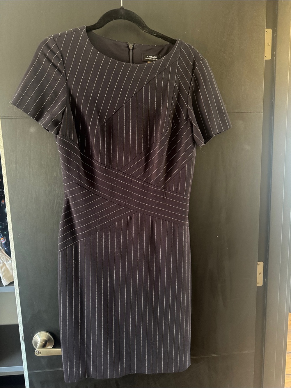 Tahari ASL Navy Pinstripe Midi Dress
